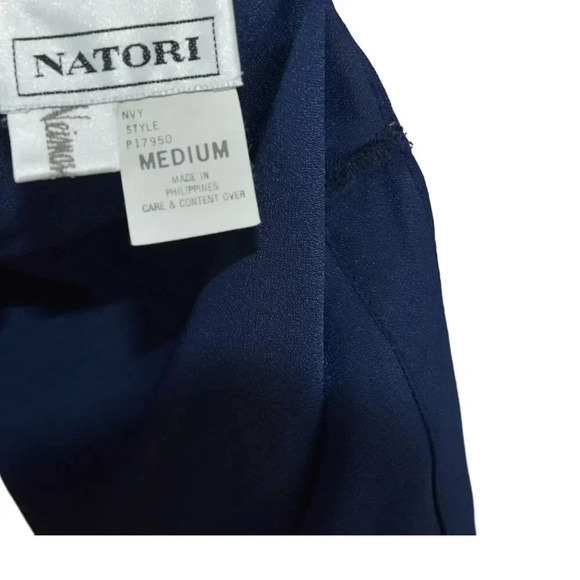 Vintage Natori Satin Navy Short Robe Medium Neiman Marcus Nightgown Belted - Picture 6 of 7